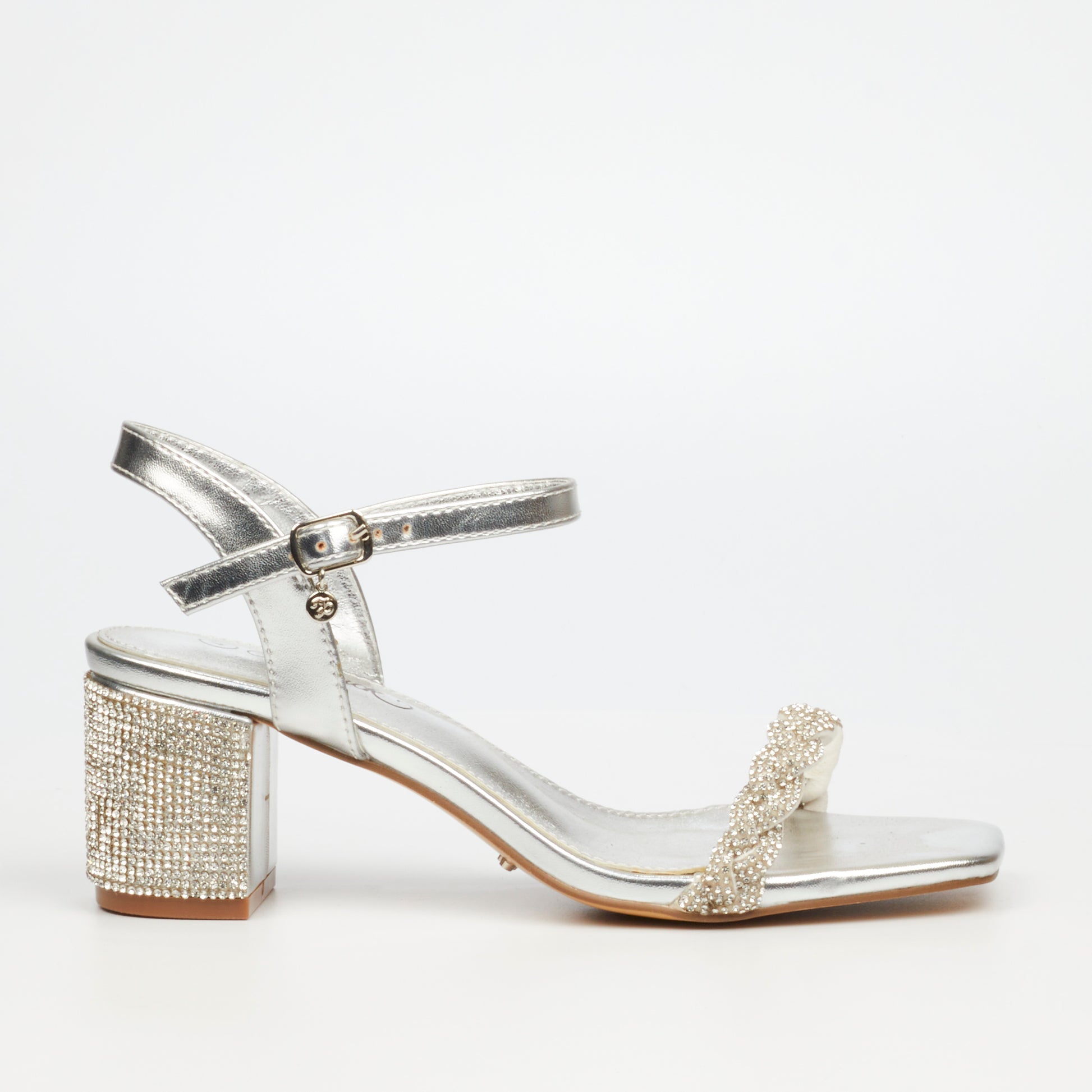 Silver block heel sandal for women with diamante embellishments and braided strap – Wendy 1