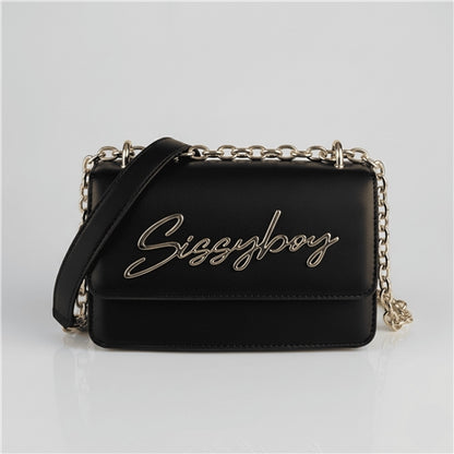 Sissy Boy SLAY FEST black structured crossbody bag with gold chain strap – L19 x H12 x W7 cm
