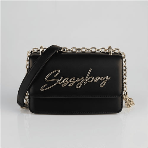 Sissy Boy SLAY FEST black structured crossbody bag with gold chain strap – L19 x H12 x W7 cm