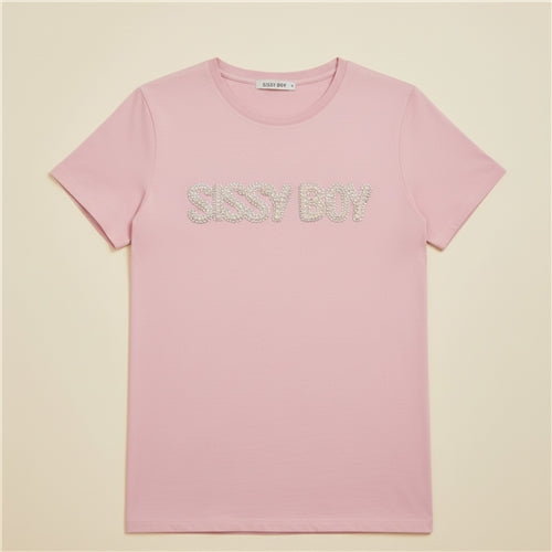 Sissy Boy women’s pale pink T-shirt with pearl and rhinestone SISSY BOY logo, soft cotton blend fabric