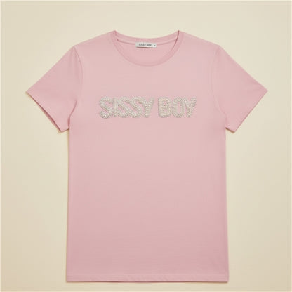 Sissy Boy women’s pale pink T-shirt with pearl and rhinestone SISSY BOY logo, soft cotton blend fabric