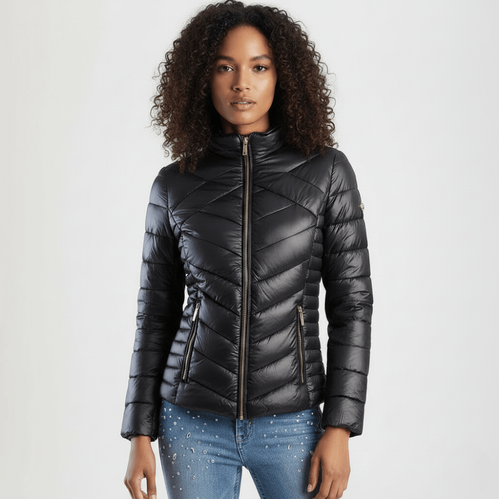Women’s black lightweight puffer jacket with structured fit and zip pockets