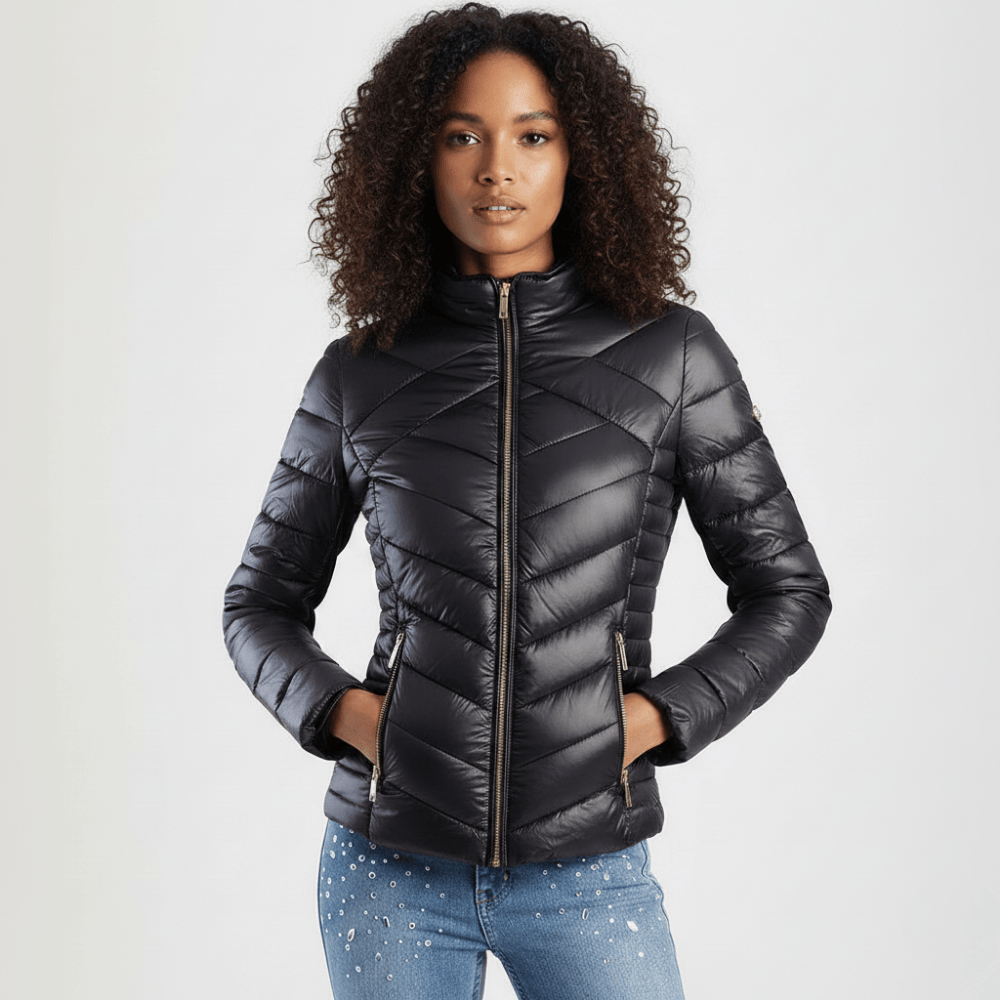 Black slim-fit quilted puffer jacket by Sissy Boy with zip front and high collar