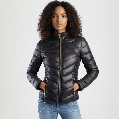 Black slim-fit quilted puffer jacket by Sissy Boy with zip front and high collar