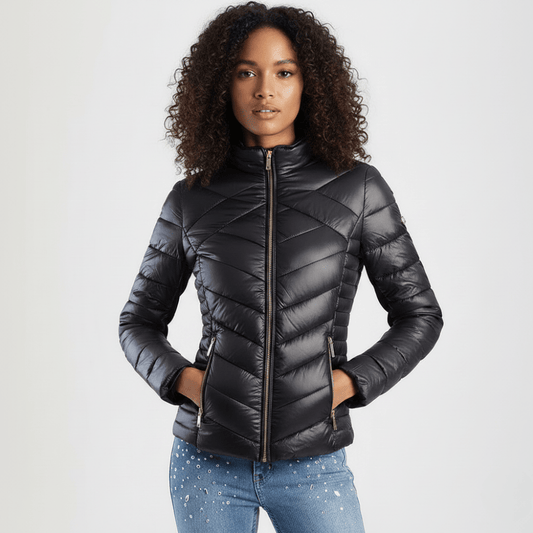 Black slim-fit quilted puffer jacket by Sissy Boy with zip front and high collar