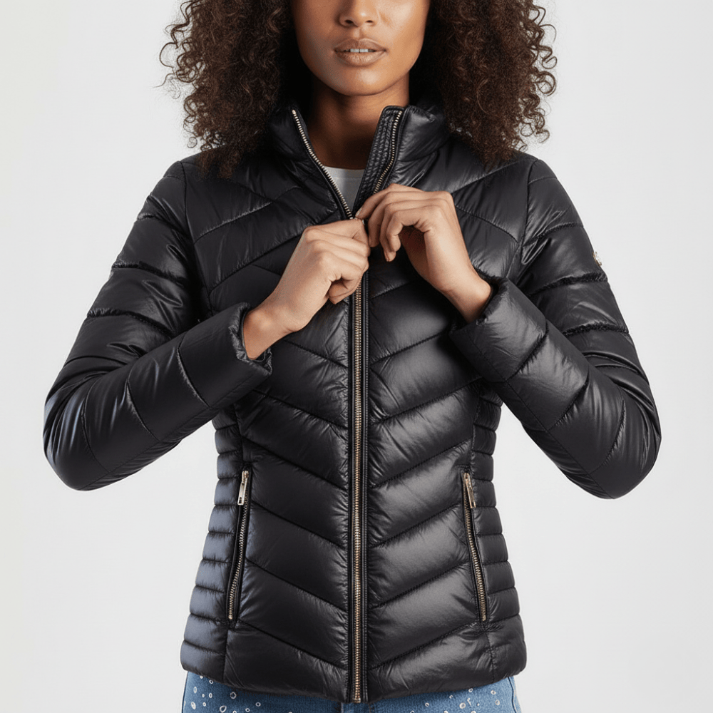 Stylish black winter puffer jacket with high collar and functional pockets for women