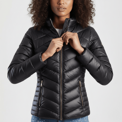 Stylish black winter puffer jacket with high collar and functional pockets for women