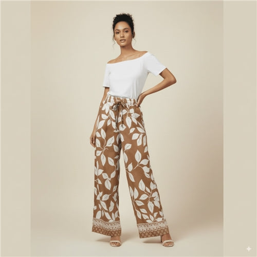 Mellow Wave -Brown/White Wide Leg Pants