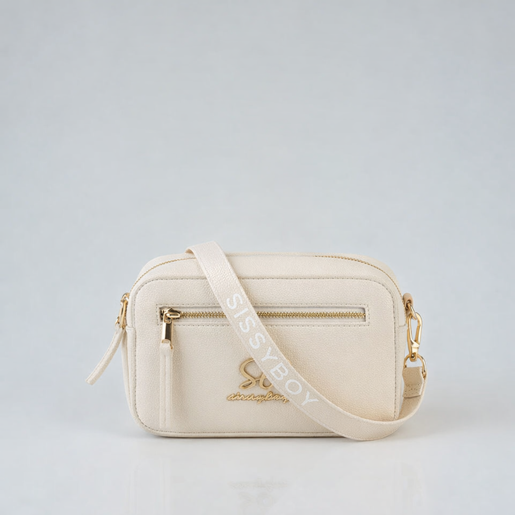 Sissy Boy cream basic crossbody bag with gold logo and adjustable strap