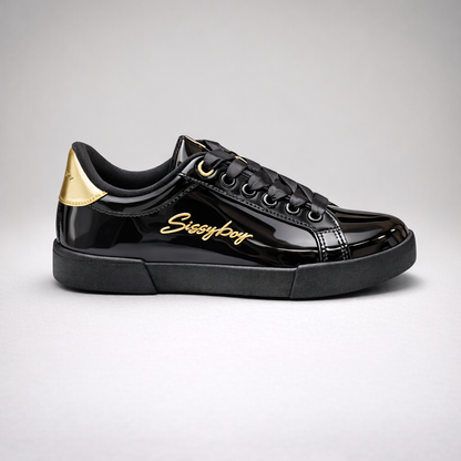 Sissy Boy black patent sneakers with gold logo detail