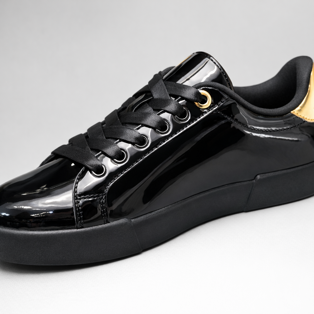Glossy black Sissy Boy fashion sneakers with satin laces