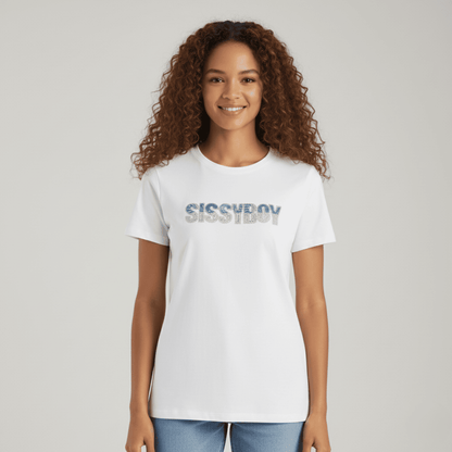 Sissy Boy regular fit white t-shirt with denim and crystal bling logo detail

