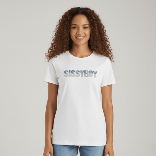 Sissy Boy regular fit white t-shirt with denim and crystal bling logo detail

