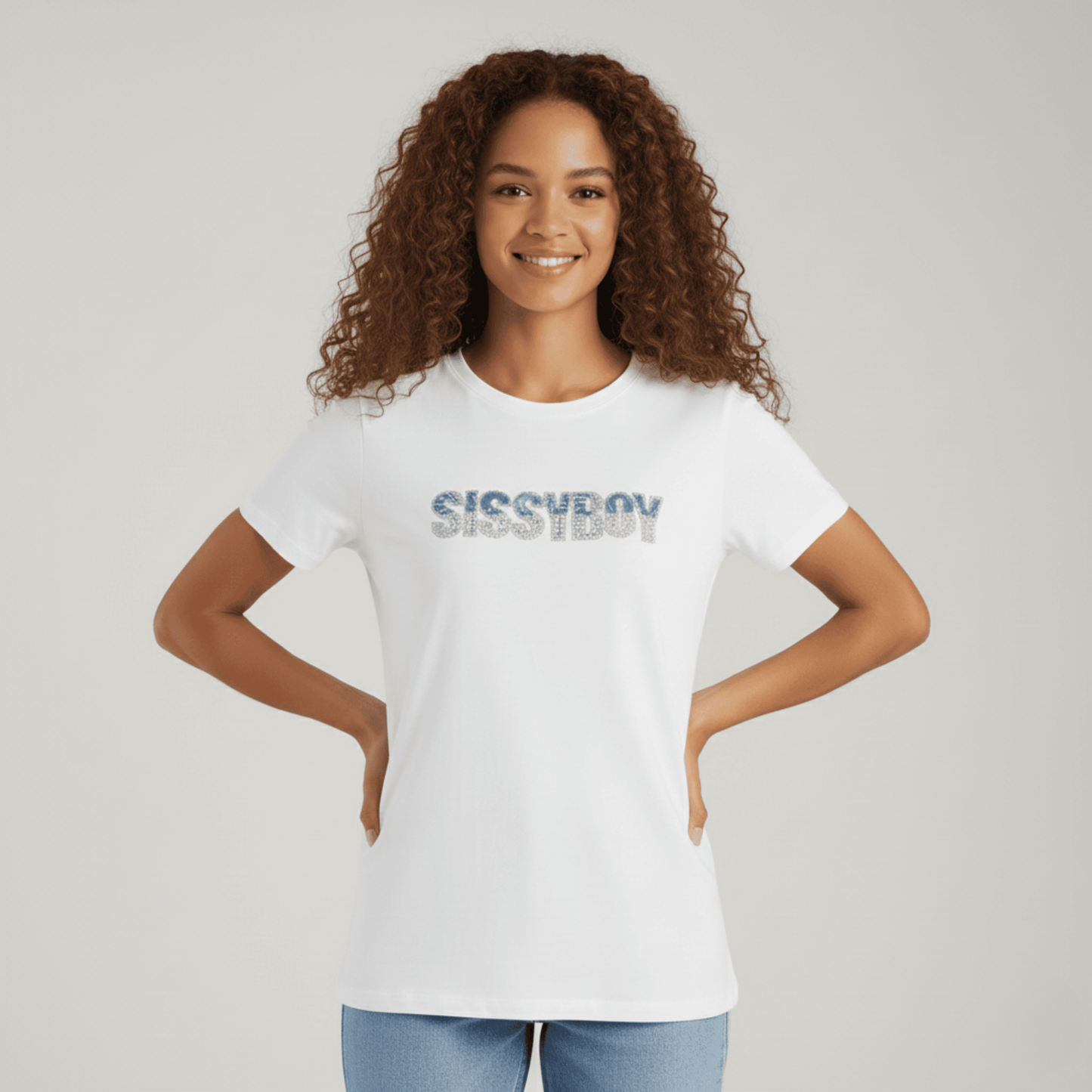 Sissy Boy women's apparel crew neck top with blue denim and silver bling logo