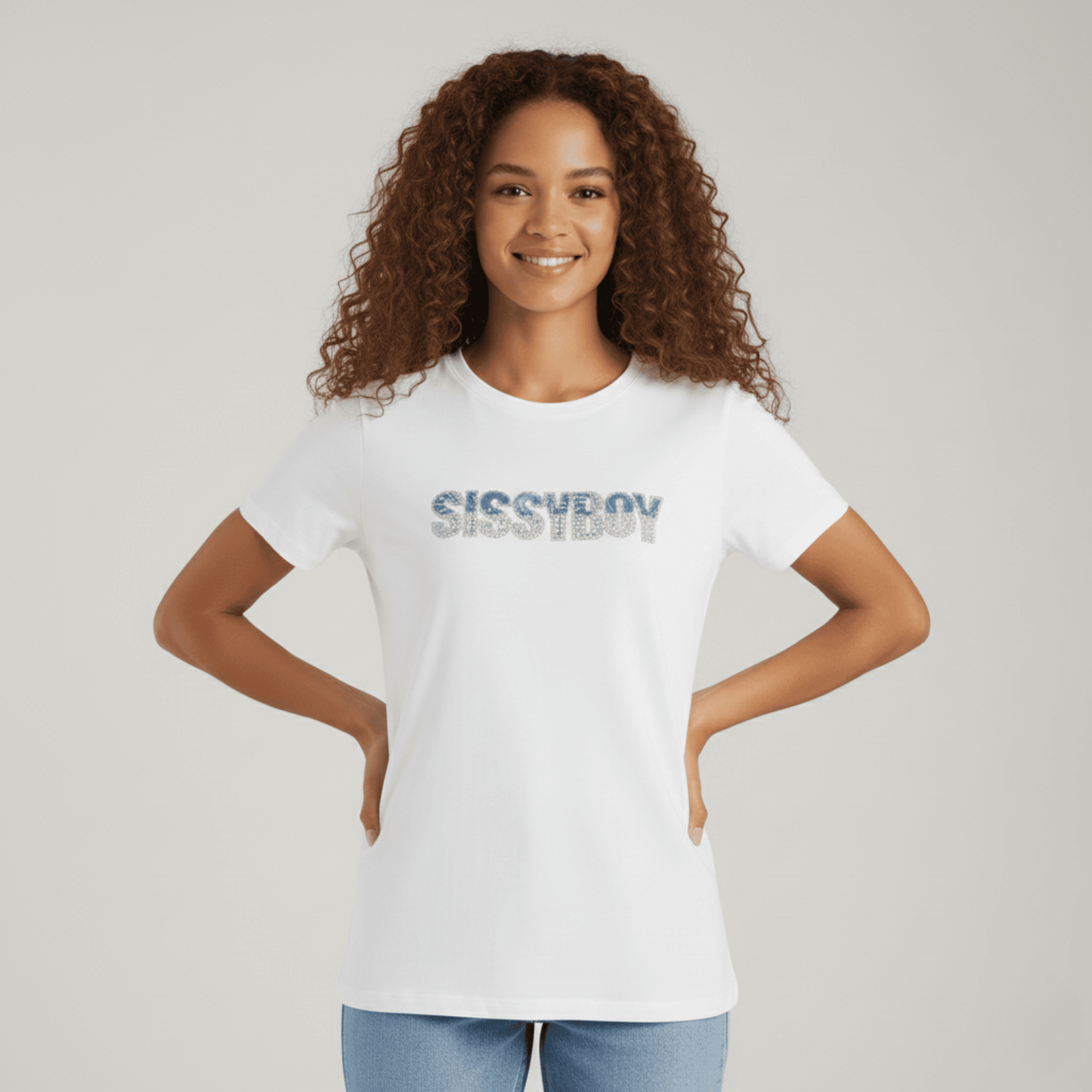 Sissy Boy women's apparel crew neck top with blue denim and silver bling logo