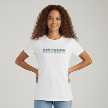 Sissy Boy women's apparel crew neck top with blue denim and silver bling logo