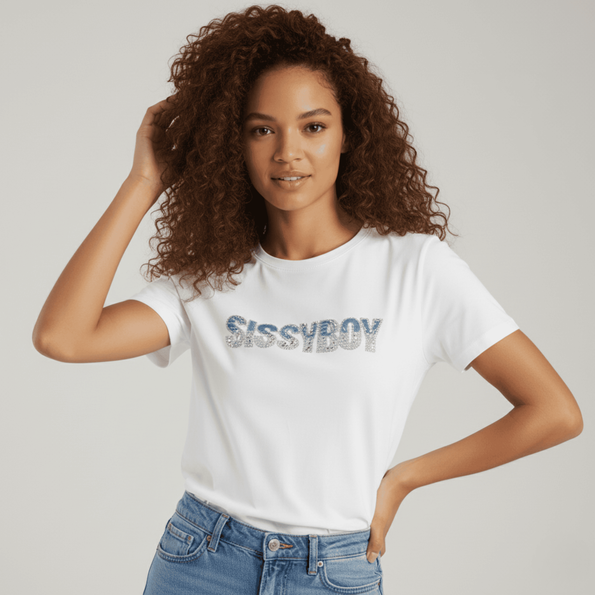 Women's short sleeve crew neck tee featuring Sissy Boy logo in denim and rhinestones