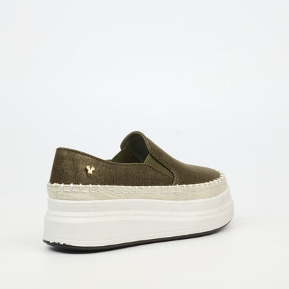 Olive textured platform sneaker with espadrille trim