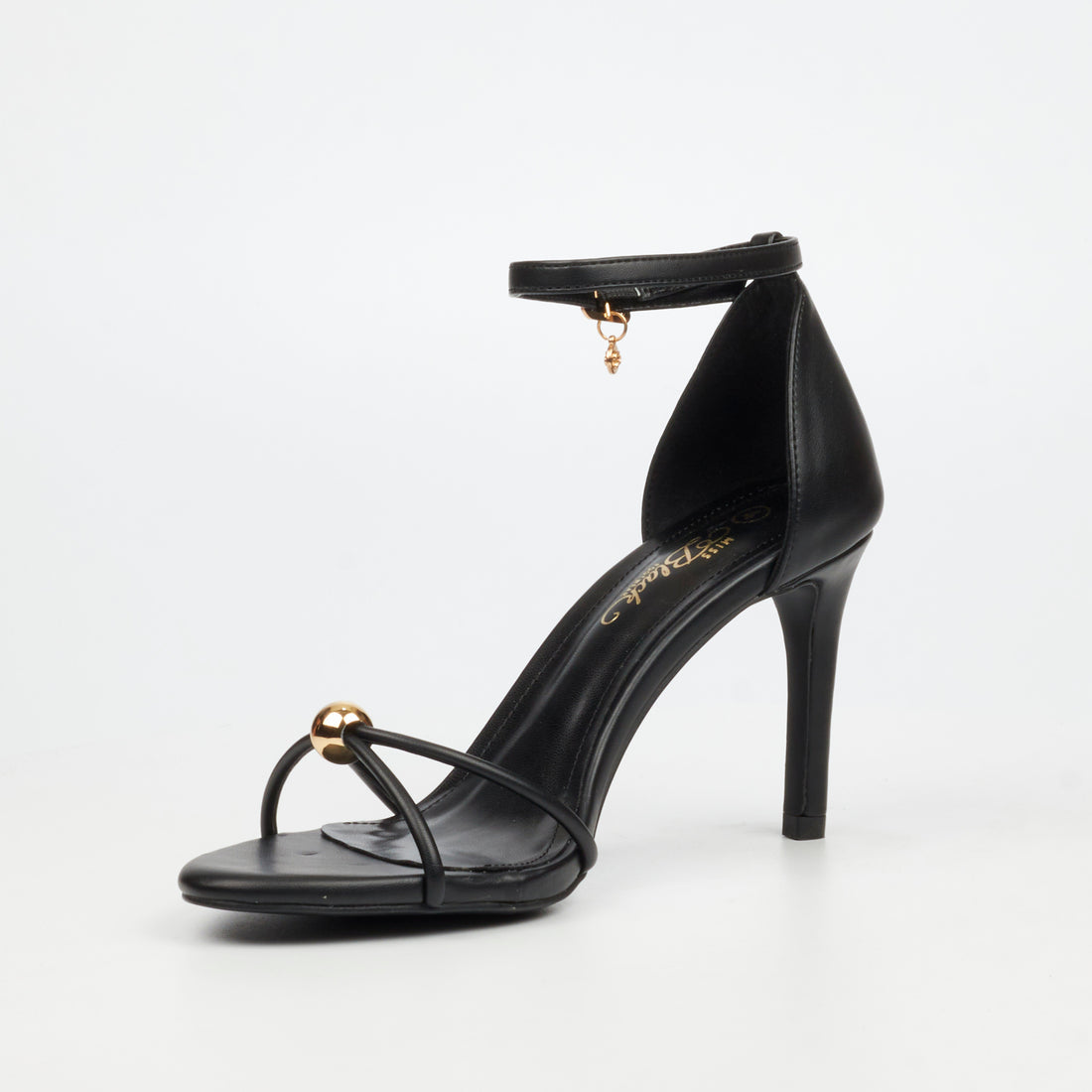 Women’s black strappy heels with gold detail by Miss Black