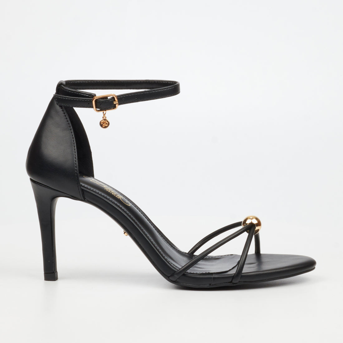 Miss Black Nelly 4 black strappy heel with gold detail
